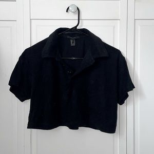 Black cropped Terry cloth collared shirt